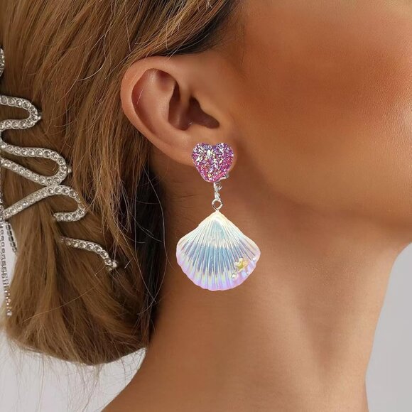 Purple Mermaid Seashell Clip On Earrings for Women Ocean Beach Jewelry Trendy Su - Picture 2 of 3